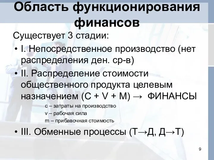 Область функционирования финансов Существует 3 стадии: I. Непосредственное производство (нет распределения