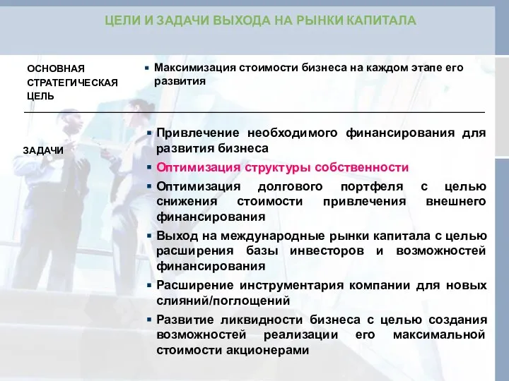 Привлечение необходимого финансирования для развития бизнеса Оптимизация структуры собственности Оптимизация долгового