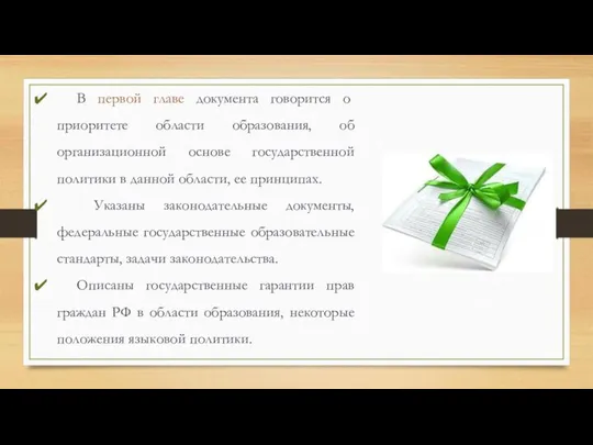 В первой главе документа говорится о приоритете области образования, об организационной