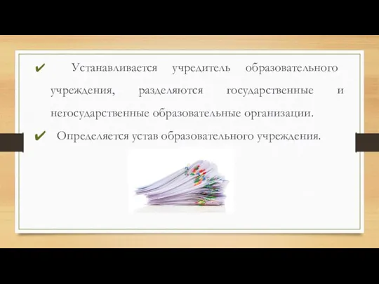 Устанавливается учредитель образовательного учреждения, разделяются государственные и негосударственные образовательные организации. Определяется устав образовательного учреждения.