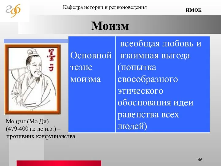 Моизм Кафедра истории и регионоведения ИМОК Мо цзы (Мо Ди) (479-400