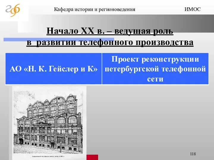 Кафедра истории и регионоведения ИМОС Начало ХХ в. – ведущая роль в развитии телефонного производства