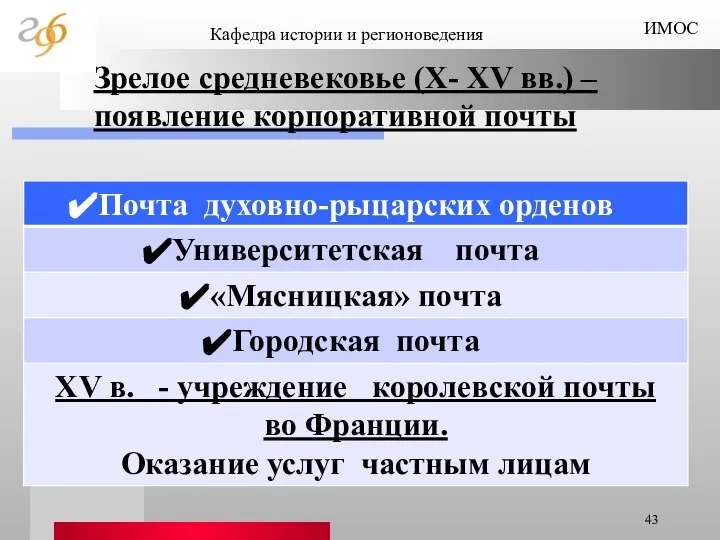 Зрелое средневековье (X- XV вв.) – появление корпоративной почты Кафедра истории и регионоведения ИМОС