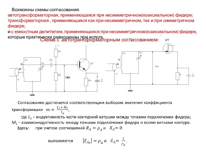 Возможны схемы согласования: автотрансформаторная, применяющаяся при несимметричном(коаксиальном) фидере; трансформаторная , применяющаяся