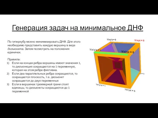 Генерация задач на минимальное ДНФ По гиперкубу можно минимизировать ДНФ. Для