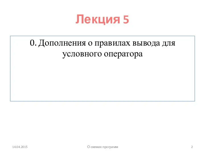 Лекция 5 0. Дополнения о правилах вывода для условного оператора 14.04.2015 О схемах программ