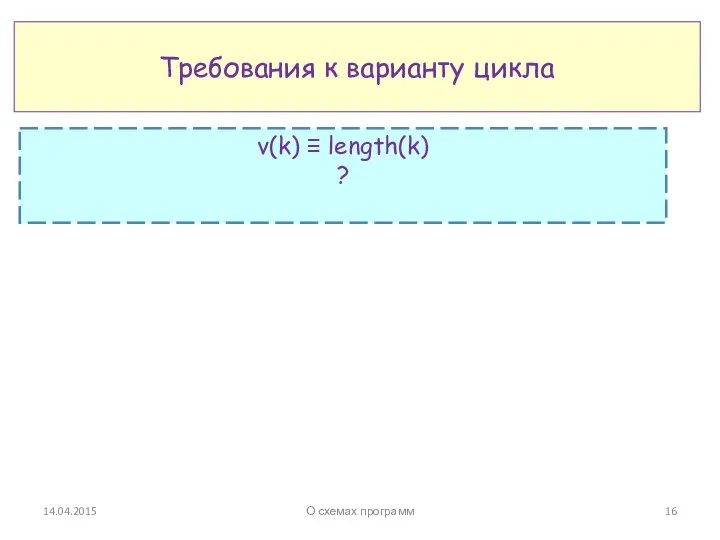 Требования к варианту цикла v(k) ≡ length(k) ? 14.04.2015 О схемах программ