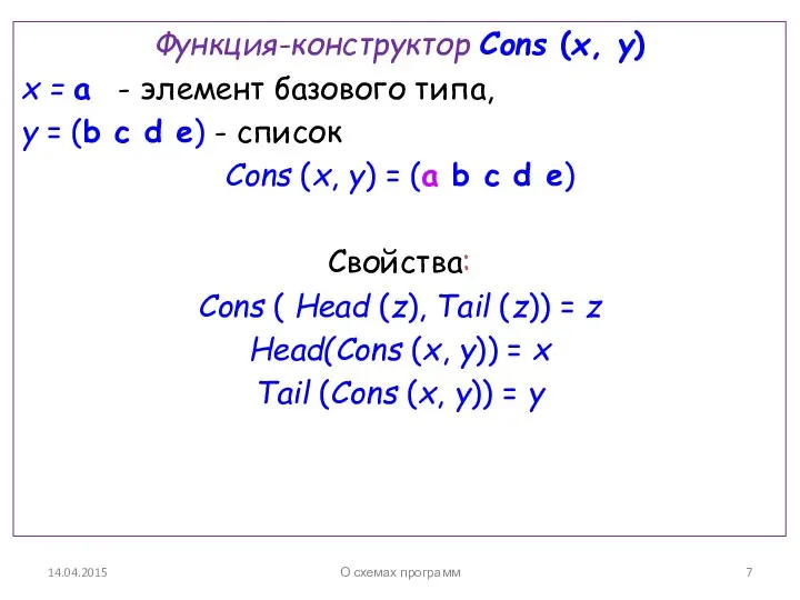 14.04.2015 Функция-конструктор Cons (x, y) x = a - элемент базового