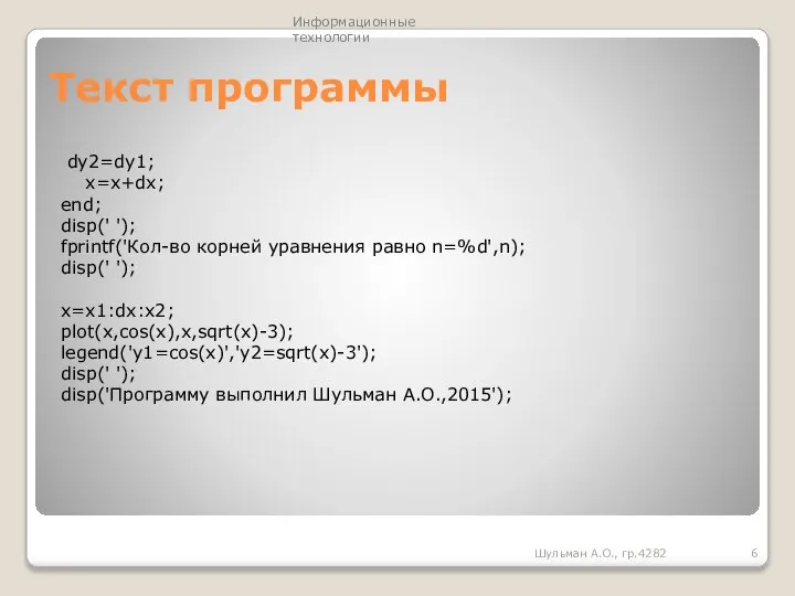 Текст программы Шульман А.О., гр.4282 dy2=dy1; x=x+dx; end; disp(' '); fprintf('Кол-во