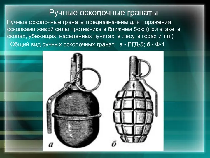 Ручные осколочные гранаты Ручные осколочные гранаты предназначены для поражения осколками живой