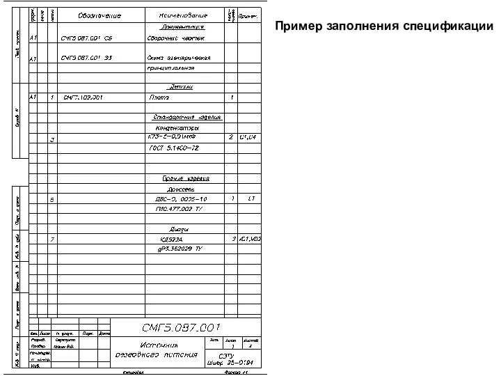 Пример заполнения спецификации