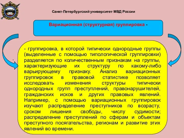 Санкт-Петербургский университет МВД России Вариационная (структурная) группировка - - группировка, в