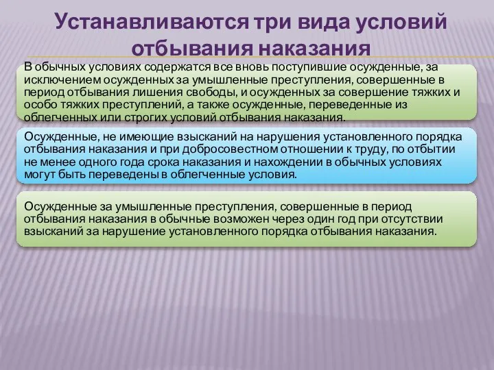 Устанавливаются три вида условий отбывания наказания В обычных условиях содержатся все