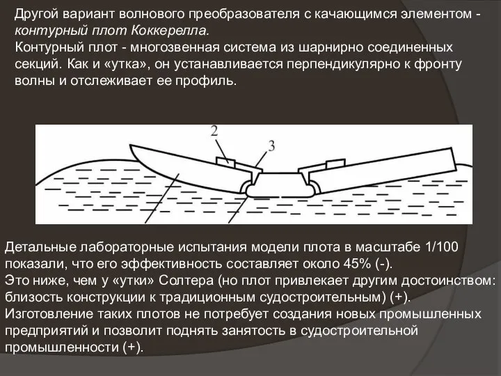 Другой вариант волнового преобразователя с качающимся элементом - контурный плот Коккерелла.