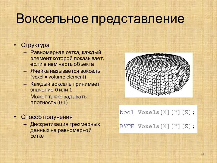 Воксельное представление Структура Равномерная сетка, каждый элемент которой показывает, если в