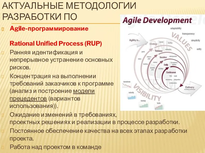 АКТУАЛЬНЫЕ МЕТОДОЛОГИИ РАЗРАБОТКИ ПО Agile-программирование Rational Unified Process (RUP) Ранняя идентификация