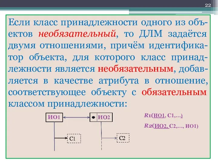 Если класс принадлежности одного из объ-ектов необязательный, то ДЛМ задаётся двумя