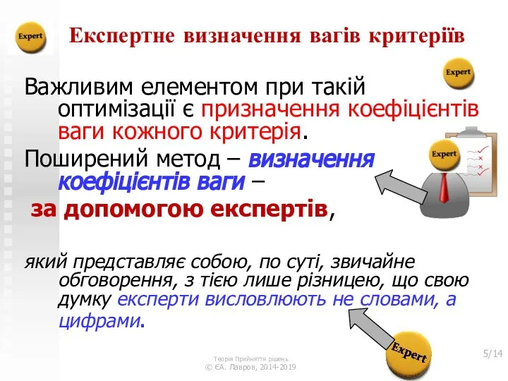 Експертне визначення вагів критеріїв Важливим елементом при такій оптимізації є призначення