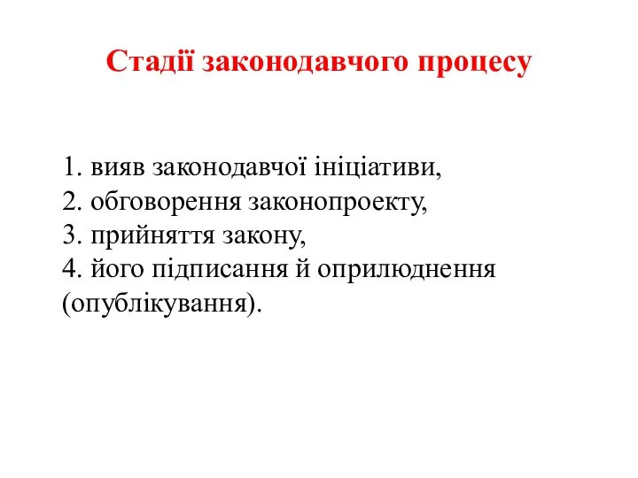 Стадії законодавчого процесу 1. вияв законодавчої ініціативи, 2. обговорення законопроекту, 3.