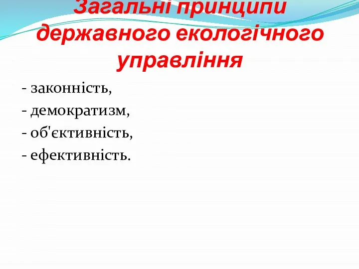 Загальні принципи державного екологічного управління - законність, - демократизм, - об'єктивність, - ефективність.