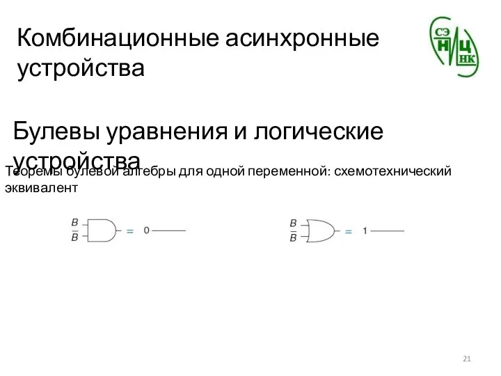 Комбинационные асинхронные устройства Булевы уравнения и логические устройства Теоремы булевой алгебры для одной переменной: схемотехнический эквивалент