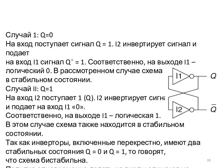 Случай 1: Q=0 На вход поступает сигнал Q = 1. I2