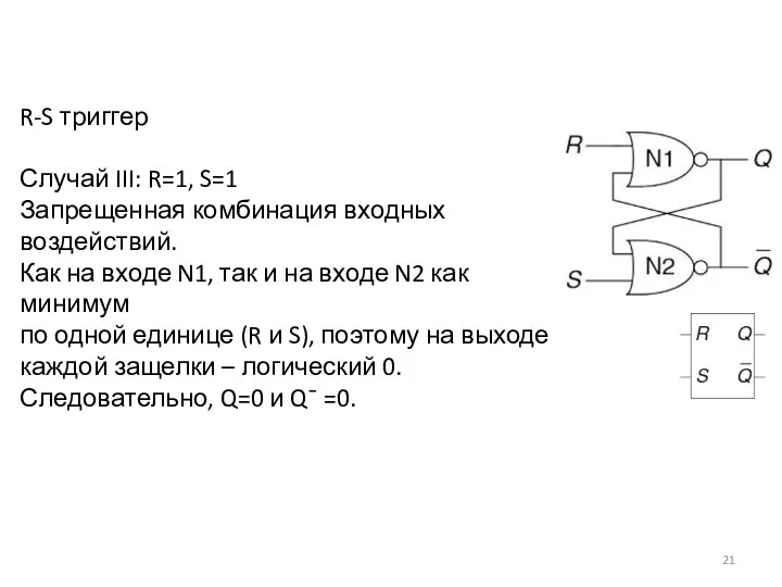 R-S триггер Случай III: R=1, S=1 Запрещенная комбинация входных воздействий. Как