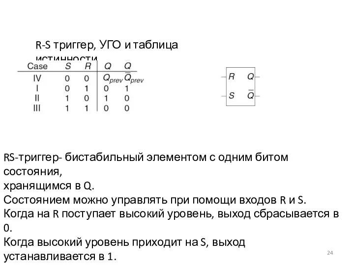 R-S триггер, УГО и таблица истинности RS-триггер- бистабильный элементом с одним