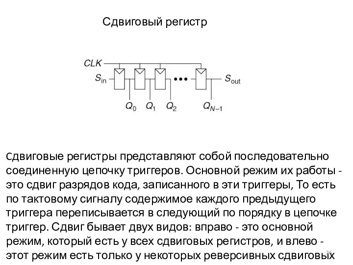 Сдвиговый регистр Cдвиговые регистры представляют собой последовательно соединенную цепочку триггеров. Основной