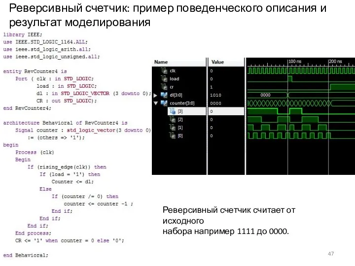 Реверсивный счетчик: пример поведенческого описания и результат моделирования Реверсивный счетчик считает