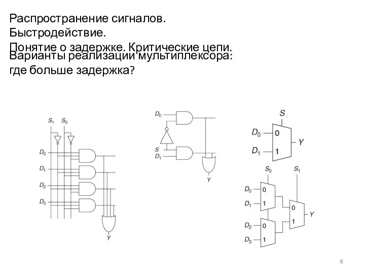 Варианты реализации мультиплексора: где больше задержка? Распространение сигналов. Быстродействие. Понятие о задержке. Критические цепи.