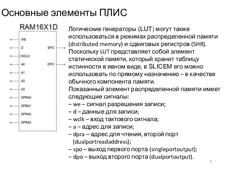 Логические генераторы (LUT) могут также использоваться в режимах распределенной памяти (distributed