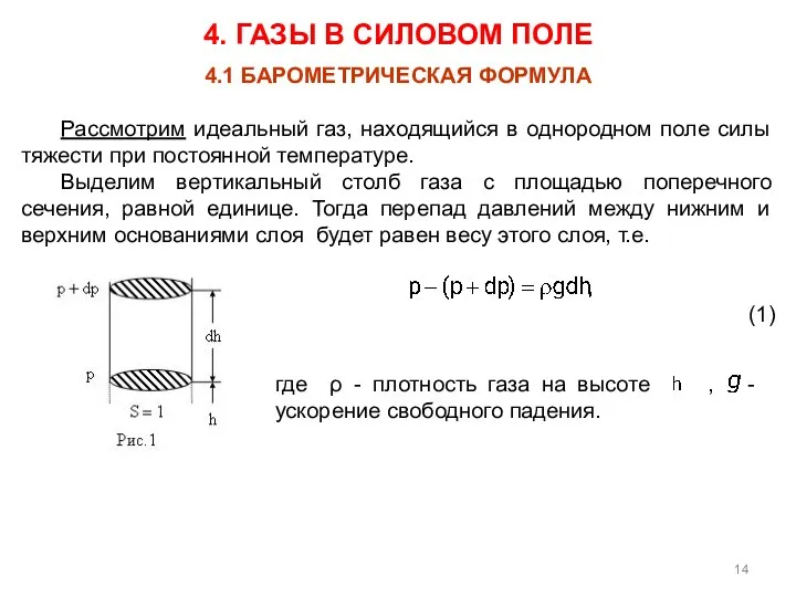 4. ГАЗЫ В СИЛОВОМ ПОЛЕ 4.1 БАРОМЕТРИЧЕСКАЯ ФОРМУЛА Рассмотрим идеальный газ,