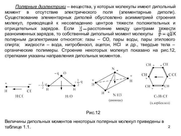 Полярные диэлектрики – вещества, у которых молекулы имеют дипольный момент в
