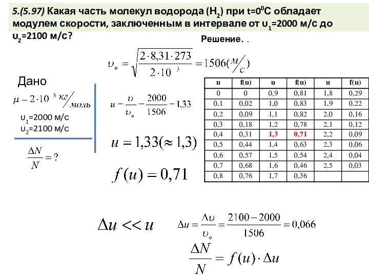 5.(5.97) Какая часть молекул водорода (Н2) при t=00С обладает модулем скорости,