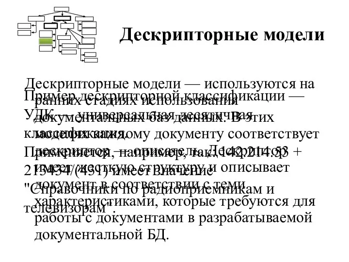 Дескрипторные модели Дескрипторные модели — используются на ранних стадиях использования документальных