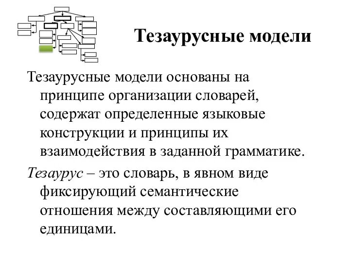 Тезаурусные модели Тезаурусные модели основаны на принципе организации словарей, содержат определенные