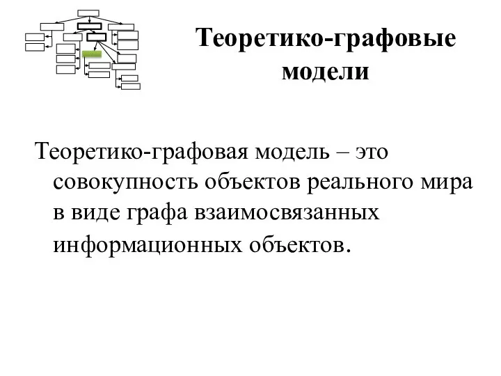 Теоретико-графовые модели Теоретико-графовая модель – это совокупность объектов реального мира в виде графа взаимосвязанных информационных объектов.