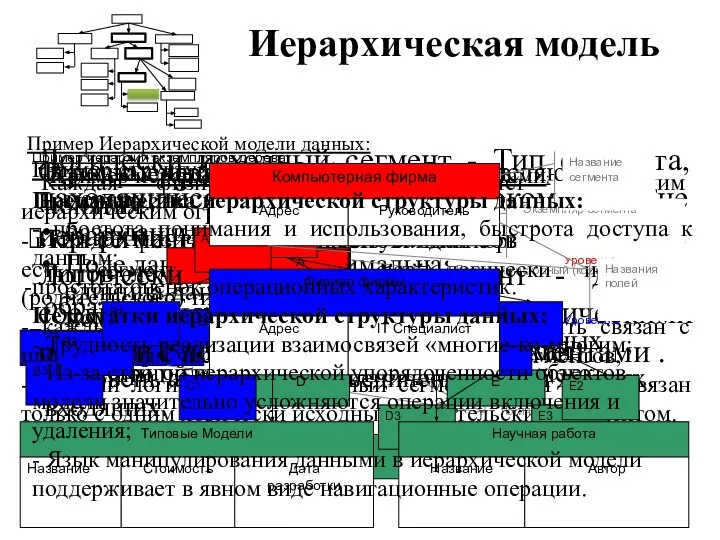 Иерархическая модель Основные информационные единицы в иерархической модели: база данных (БД);