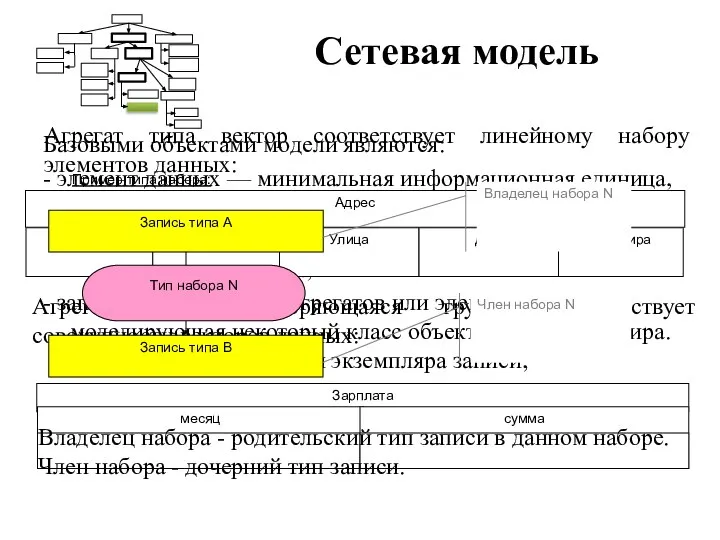 Сетевая модель Базовыми объектами модели являются: - элемент данных — минимальная