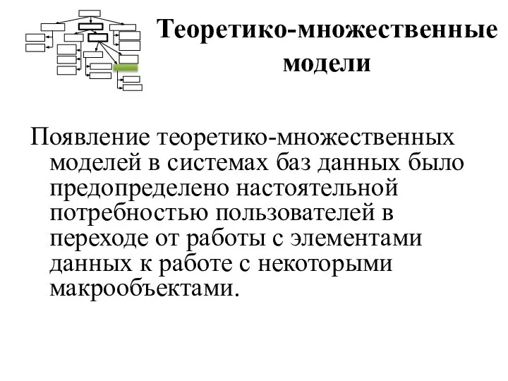 Теоретико-множественные модели Появление теоретико-множественных моделей в системах баз данных было предопределено