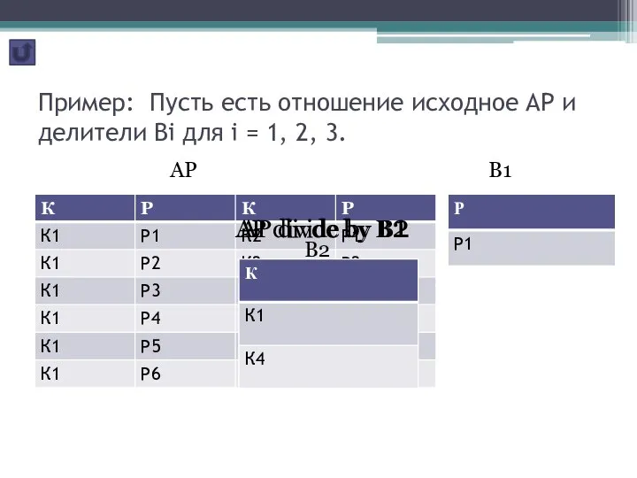 Пример: Пусть есть отношение исходное АР и делители Вi для i