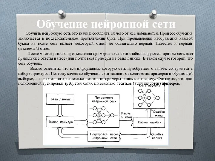 Обучение нейронной сети Процесс обучения нейронной сети Обучить нейронную сеть это