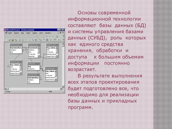 Основы современной информационной технологии составляют базы данных (БД) и системы управления