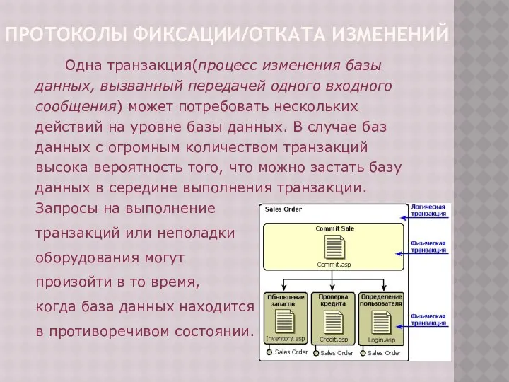 ПРОТОКОЛЫ ФИКСАЦИИ/ОТКАТА ИЗМЕНЕНИЙ Одна транзакция(процесс изменения базы данных, вызванный передачей одного