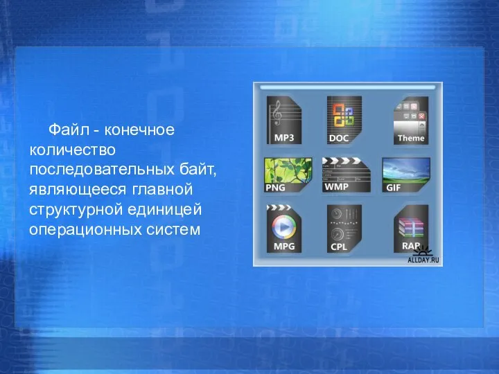 Файл - конечное количество последовательных байт, являющееся главной структурной единицей операционных систем