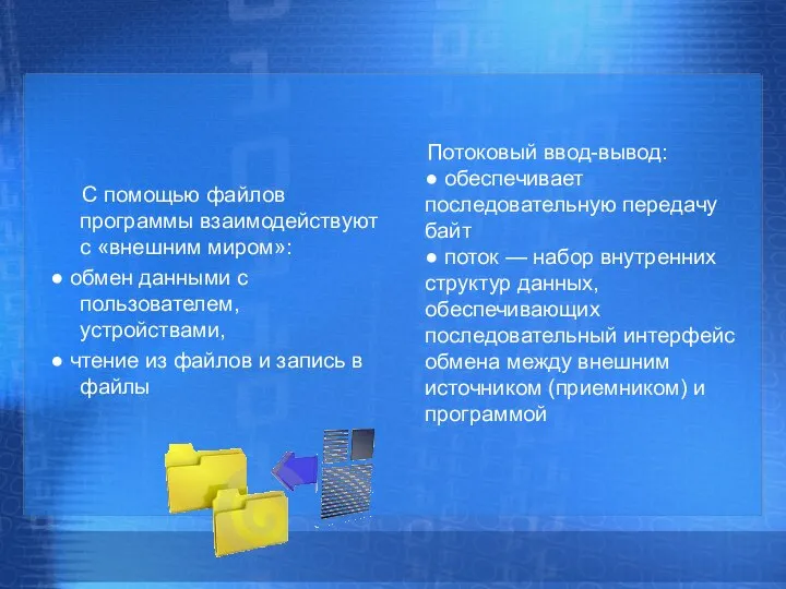 С помощью файлов программы взаимодействуют с «внешним миром»: ● обмен данными