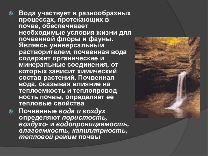 Вода участвует в разнообразных процессах, протекающих в почве, обеспечивает необходимые условия