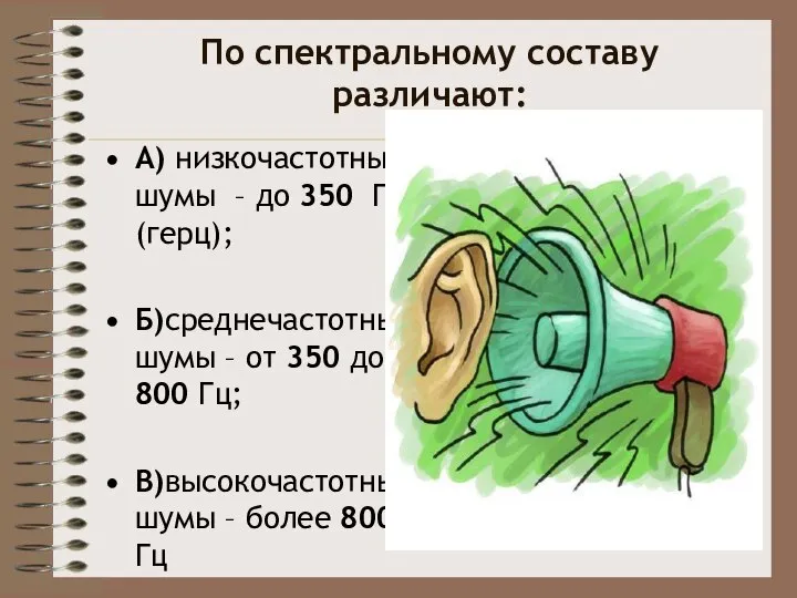 По спектральному составу различают: А) низкочастотные шумы – до 350 Гц