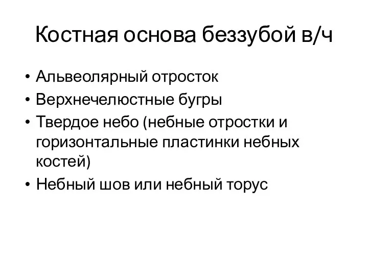 Костная основа беззубой в/ч Альвеолярный отросток Верхнечелюстные бугры Твердое небо (небные